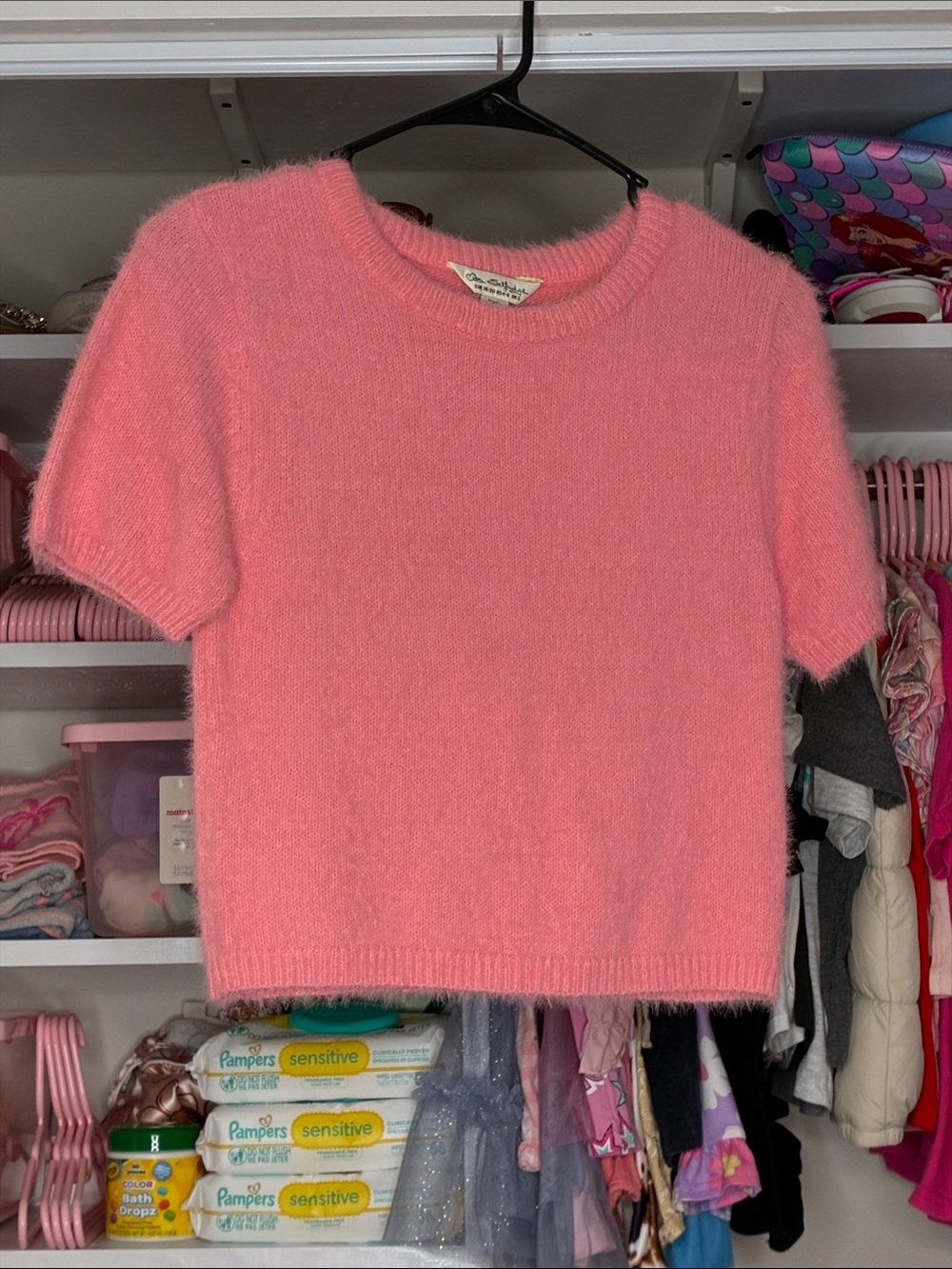 Miss Selfridge Pink Short-Sleeve Fuzzy Crewneck Sweater